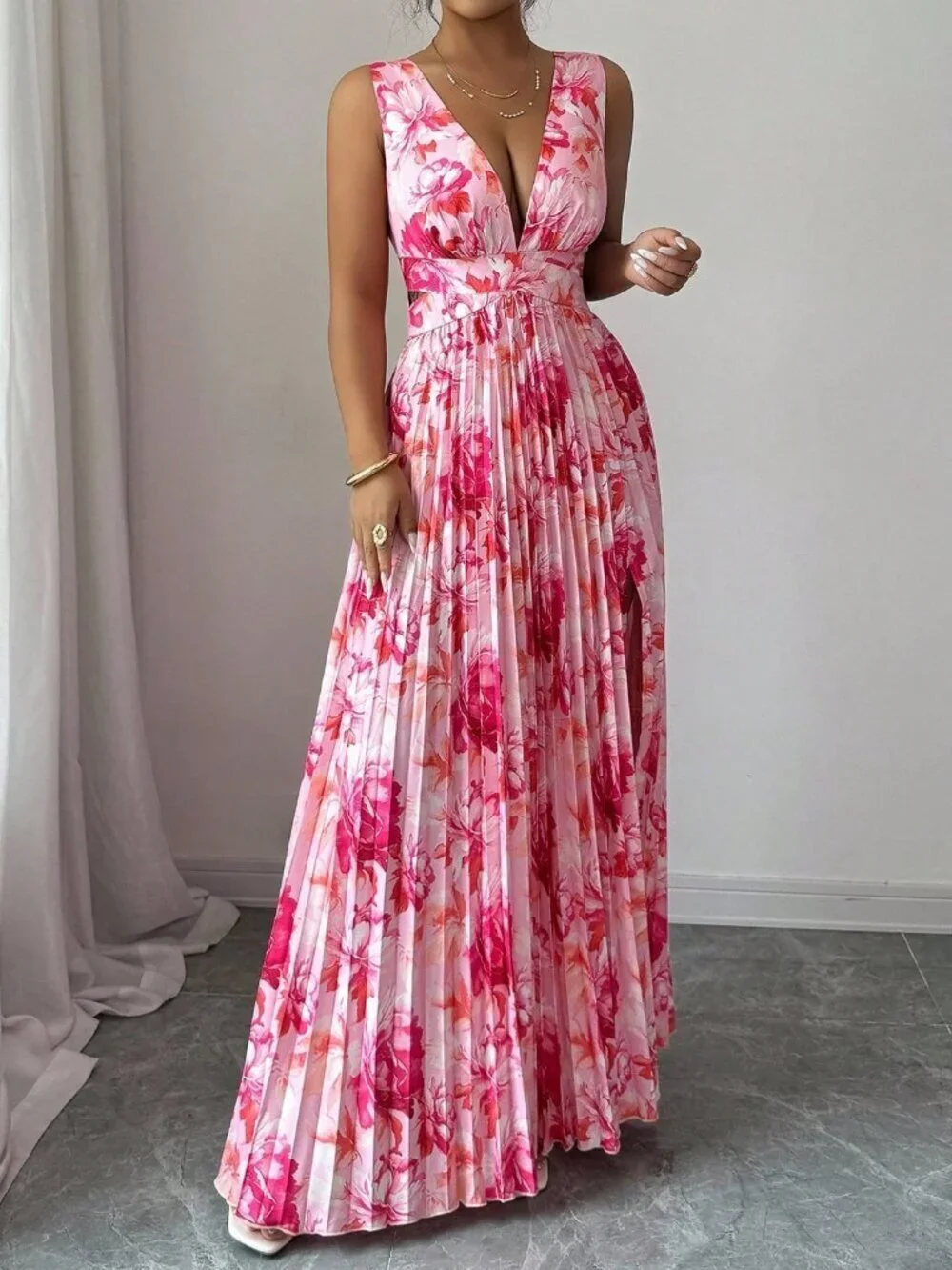 Multicolor Sexy Women's Sleeveless V-Neck A-Line Ruffle Floral Romantic Dress